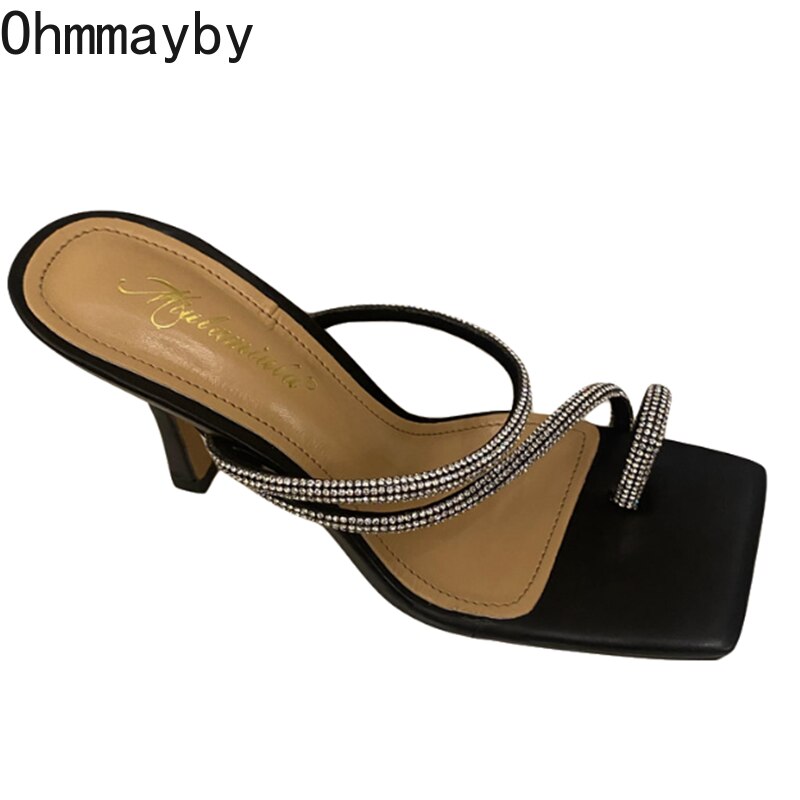 Sandales en cristal pour femmes, pantoufles à talons hauts, chaussures à la , Mules à bout carré, diapositives, 2022
