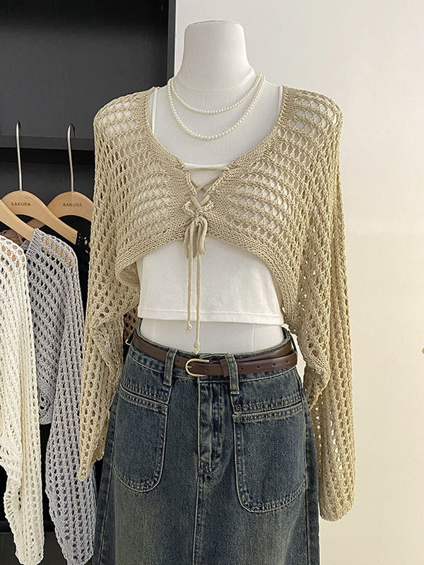 Uitgeholde korte stijl met hemdje gebreide trui voor dames zomer losse cover-up zonwering top met lange mouwen