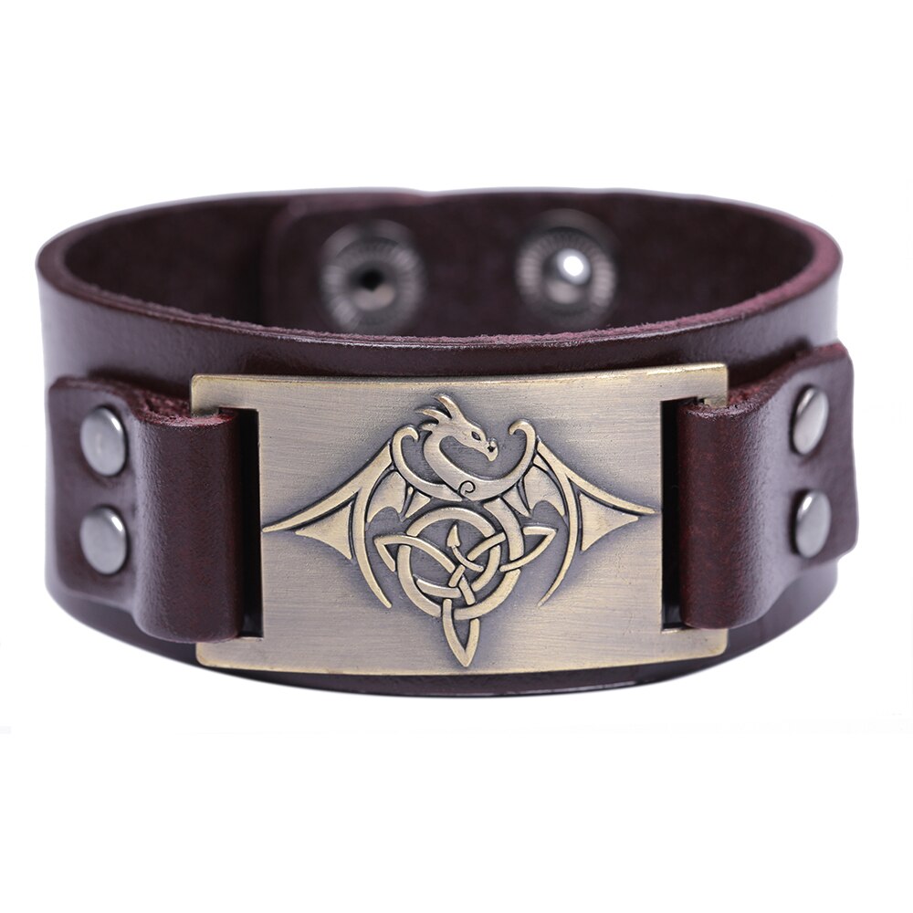 LIKGREAT Vintage Wicca Symbol Triqueta Pterosauria Dragon Charm Bracelets for Men Black Brown Leather Wrap Bracelet Cool Jewelry: 3