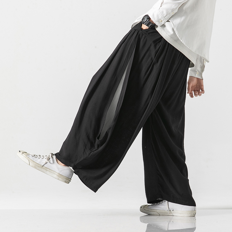 Mænd bukser i linned med brede ben mand harajuku streetwear haremsbukser mandlig kinesisk stil hanfu kongfu sorte bomuldsbukser nederdel