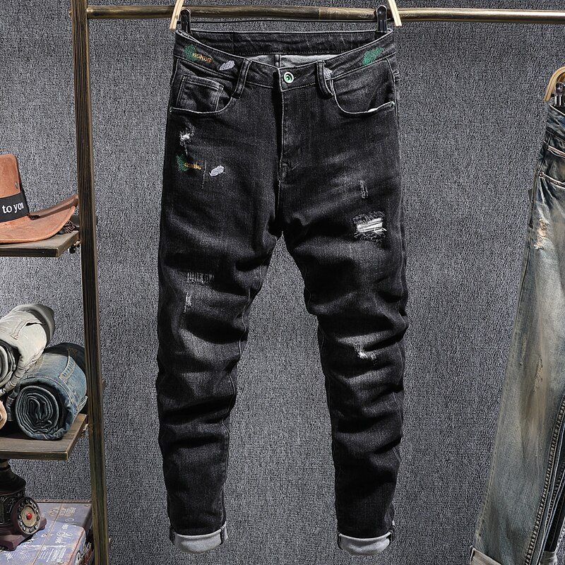 Koreansk stil herre jeans svart farge elastisk revet jeans slank passe broderi streetwear hofte hopp denim lange bukser