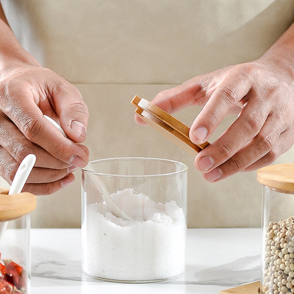 3 stk/sæt glaskrydderikrukke med ske krydderibeholder krydderdåser pebershaker opbevaringsboks med bambusbakke køkken