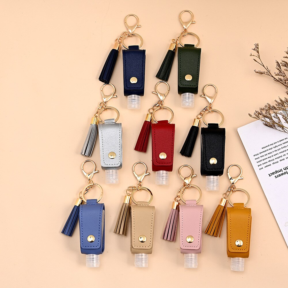 Mini bouteille de Gel hydroalcoolique Portable 30ml, étui de désinfectant pour les mains, étui en cuir, porte-clés de santé