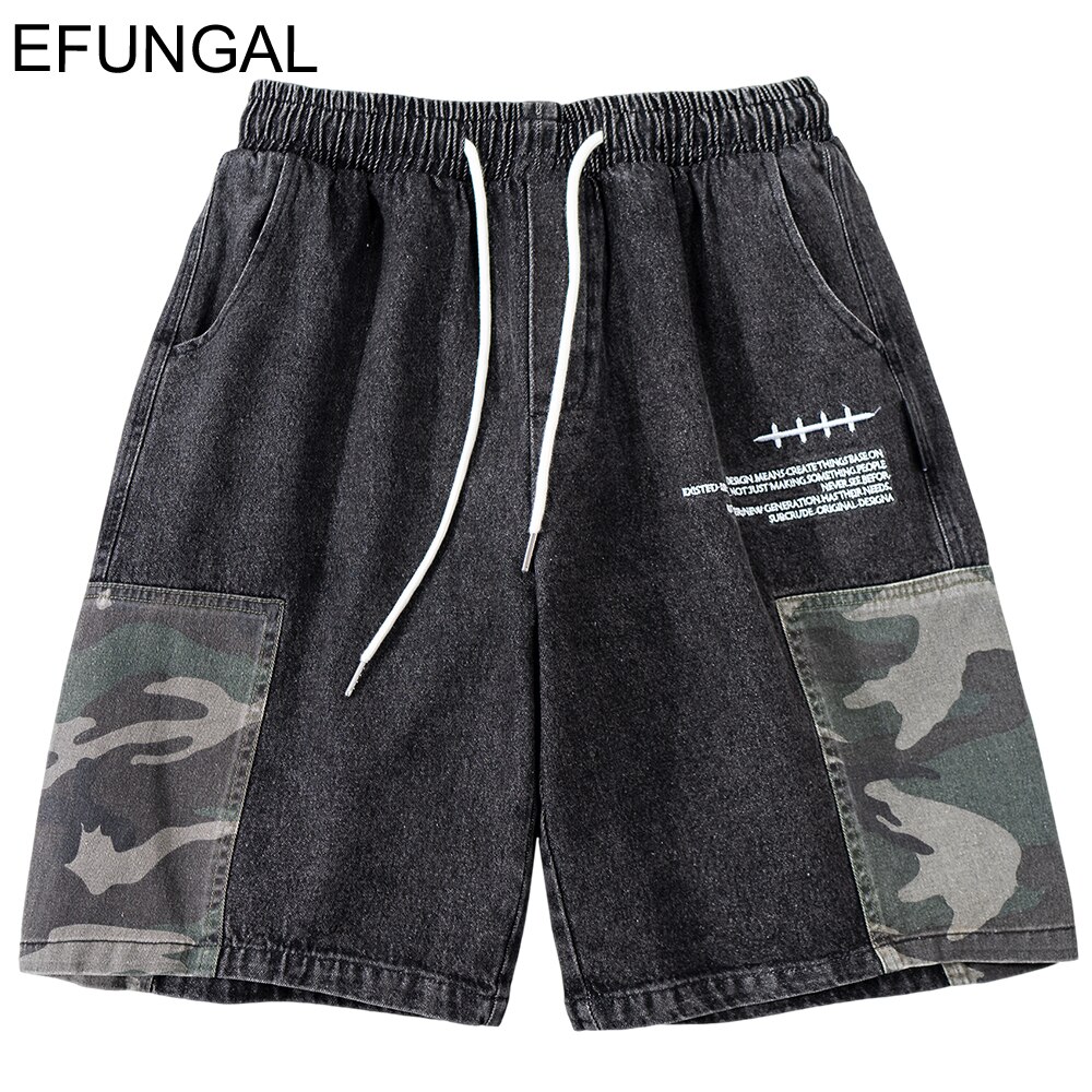 Denim Summer Shorts Men Hip Hop Camo Color Block Patchwork Jeans Harajuku Streetwear Casual Harem Knee Length