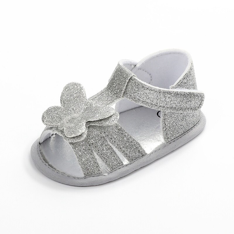 Children Summer 0-18M Newborn Infant Baby Girl Princess Floral Sandals Sneakers Toddler Soft Crib Walkers Shoes: Silver / 0-6 Months