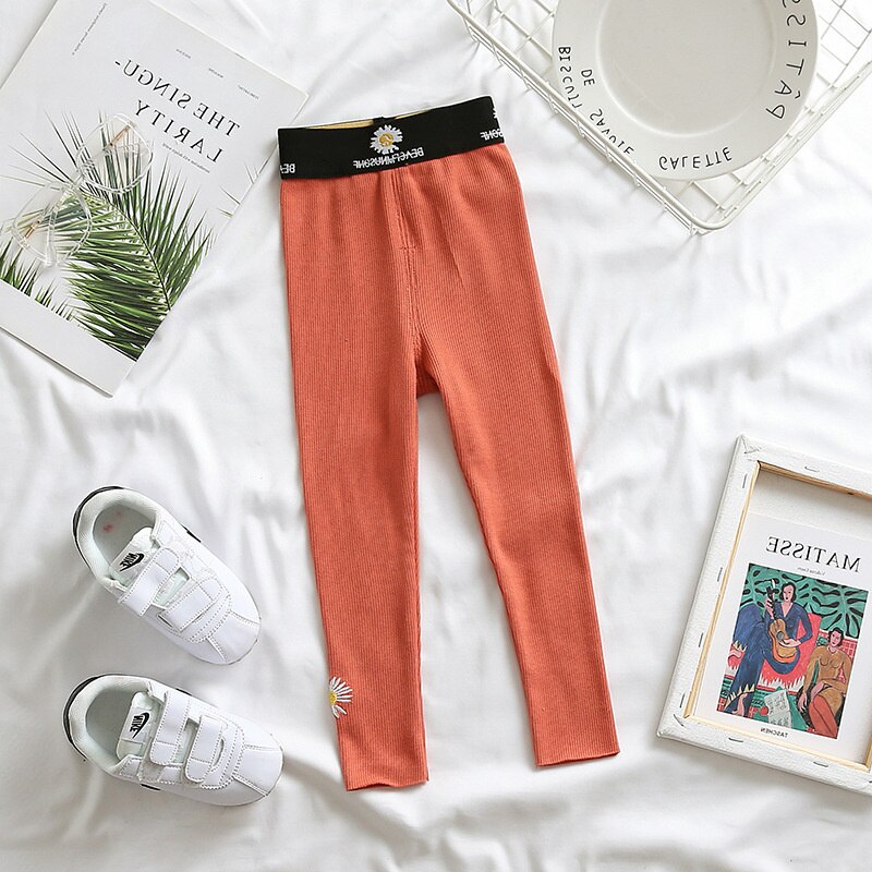 Leggings per ragazze Mudkingdom Little Daisy Solid Print elastico in vita collant Slim pantaloni Casual pantaloni moda primavera autunno per bambini: Orange / 6T