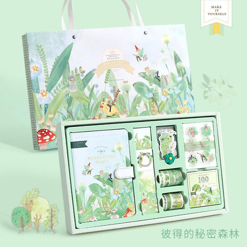 Juego de diario con temática de cuento de hadas, caja de para niña, libro de conteo de dibujos animados, Bloc de notas, cuaderno, caja de: Green with handbag