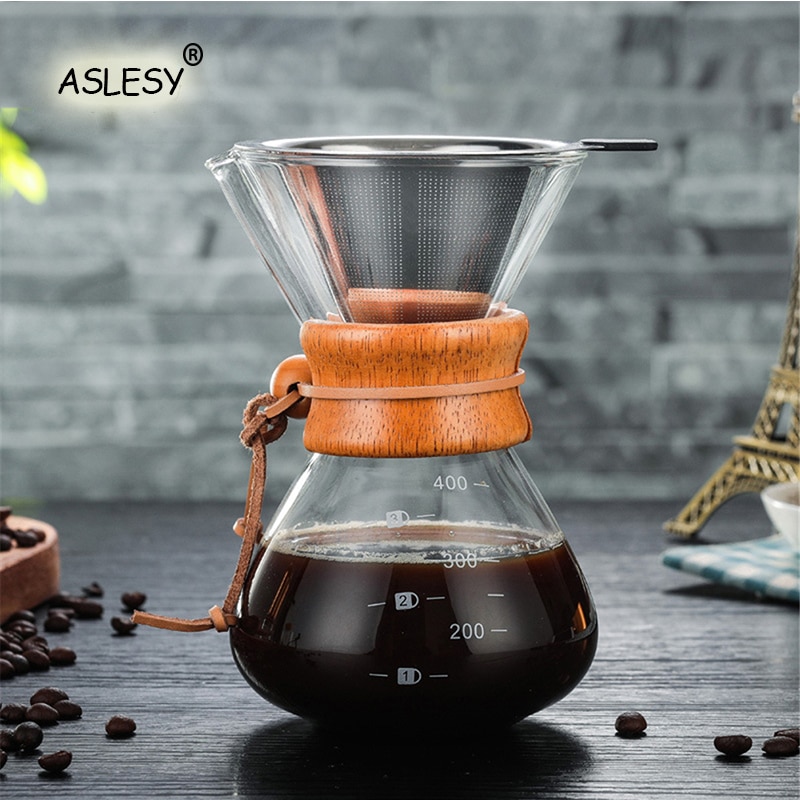 400Ml 600Ml 800Ml Resistant Glass Coffee Kettle Stainless Steel Filter Drip Brewing Brewer Coffee Pot Dripper Barista Pour