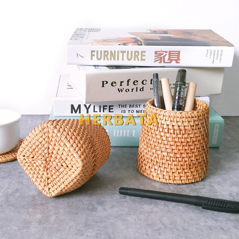 Simple Autumn Rattan Hand Woven Pen Holder Organizer Makeup Brush Holder Stationery Office Desk Accessories Decor