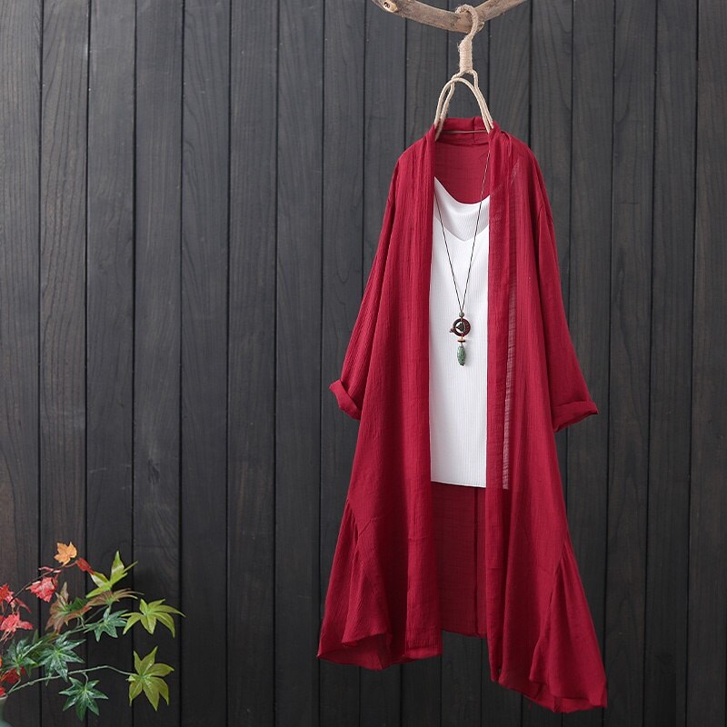 Klær i kinesisk stil kvinner topper sommer vintage lang skjorte kvinnelig tunika ensfarget hanfu tynn cardigan kinesisk topp 10459