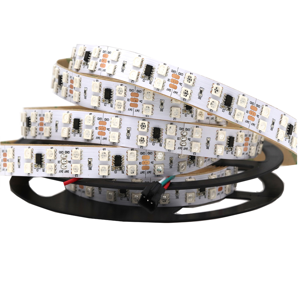 Double Row WS2811 LED Strip, DC12V 120LEDS DC24V 168Leds 5050 SMD RGB Pixel Addressable Digital LED Strip 5M White PCB