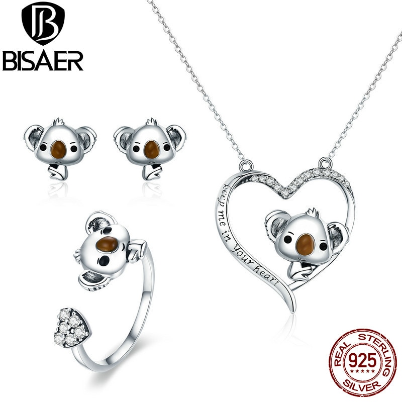 Bisaer ægte 925 sterling sølv smykker sæt koala bjørn mor kærlighed hjerte halskæde ringe sæt kvinder smykker sæt sølv 925 smykker