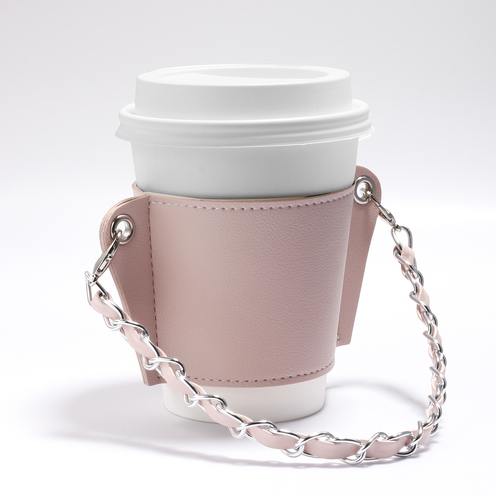 Manchon de tasse Portable pour boissons chaudes, réutilisable avec chaîne, manchon de boisson chaude isolé, en cuir, porte-gobelet: Pink