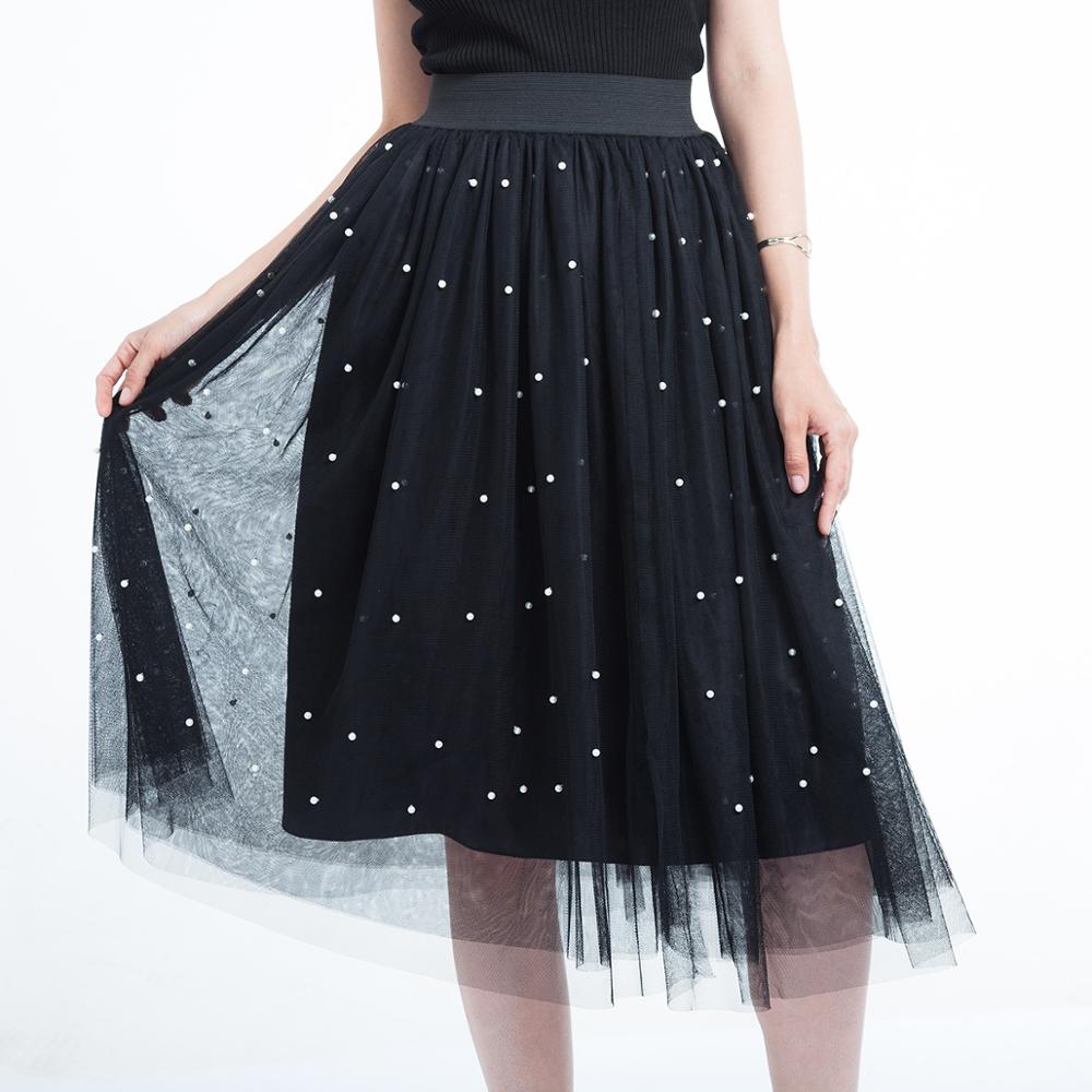3 Layers Tulle Beading Women Skirts Spring Mesh Tulle Skirt With Bead Tutu Elastic Waist Pleated Skirt