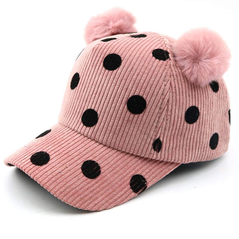 Dots Kids Pom Pom Baseball Cap for Girls Boys 2-8 Years Autumn Winter Children Cap Pink Grey Brown Black Adjsutable