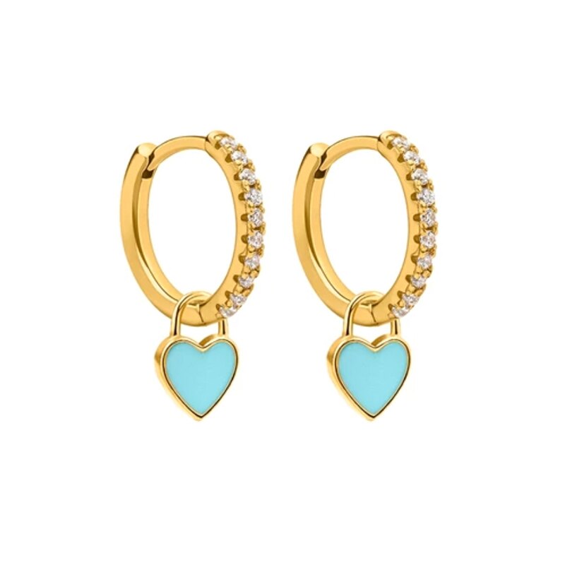 GS 925 Sterling Silver Hoop Earrings With Cute Candy Neon Color Enamel Heart Charm Earring Gold Silver Color For Girls: gold-blue