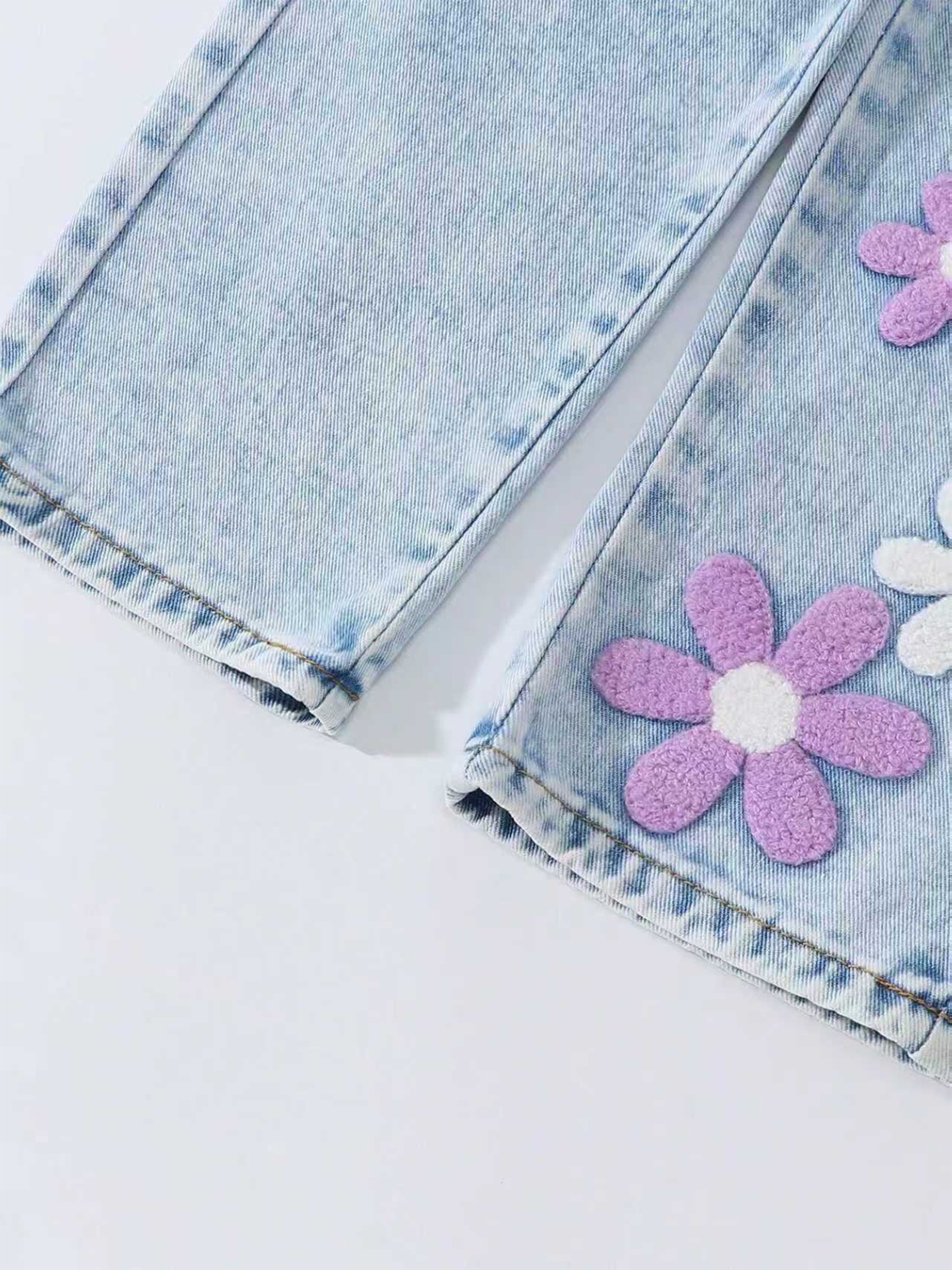 Jean en denim à pois pour filles, imprimé floral, tendance, taille ample, pantalon décontracté polyvalent pour enfants.