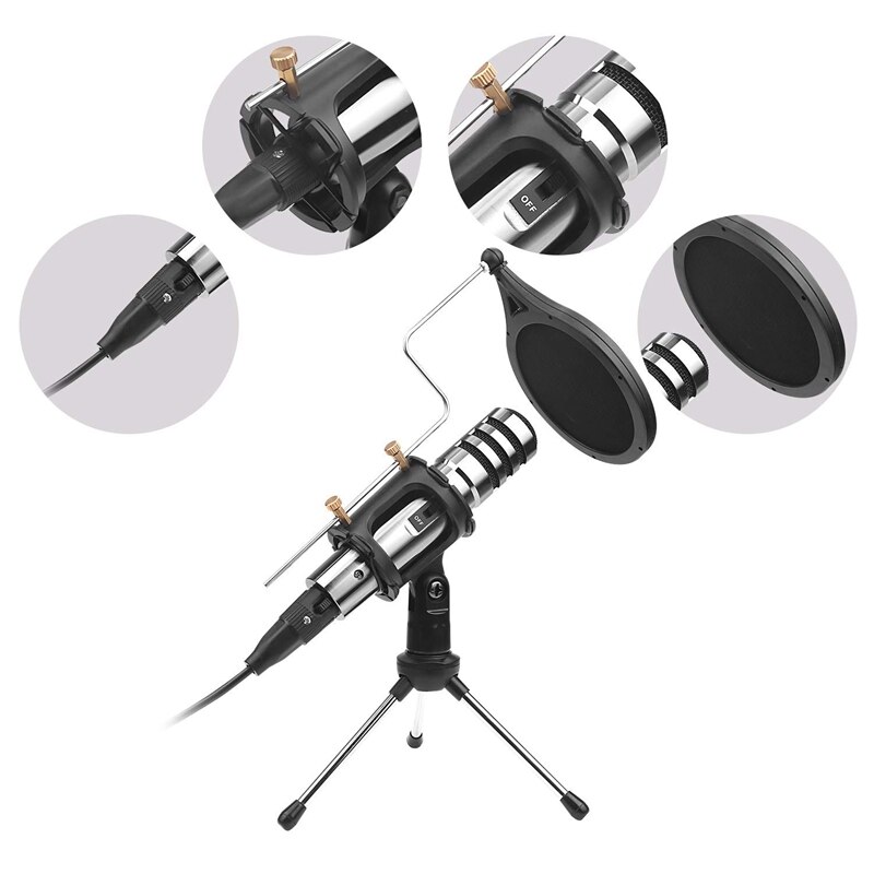 Kondensatormikrofon ,3.5mm studioopptak kringkasting datamaskinmikrofon med stativstativ for karaoke, spill, podcast, video