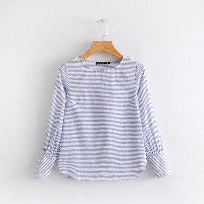 JuneLove primavera mujer casual rayas blusa femenina azul o cuello camisa de manga larga básica blusas: S