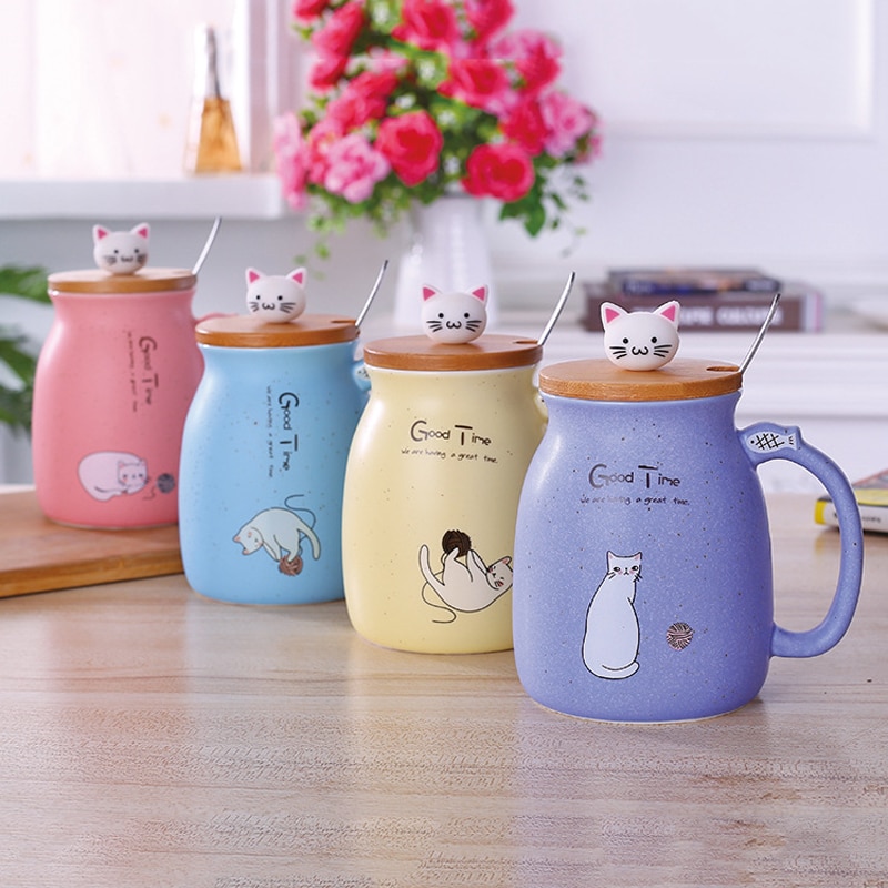 420ml Cute Cat Mugs With Spoon Coffee Tea Cups With Handle Resistant Mok Cup Set For Drinking Color Heat Resistant