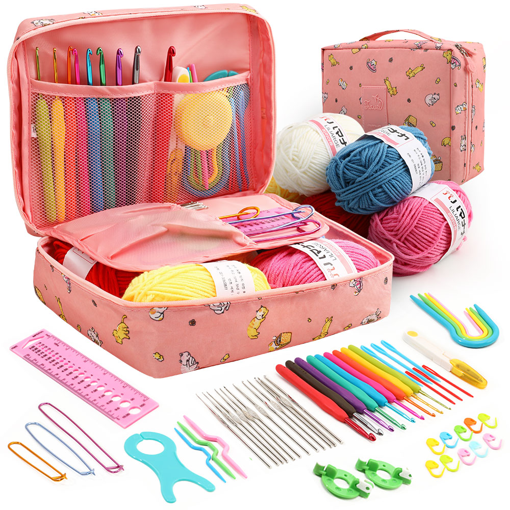 59Pcs/Set Crochet Set DIY Beginner Crochet Hook Kit With Storage Bag Material Pack Portable Sewing Knitting and Storage Tools: Navy