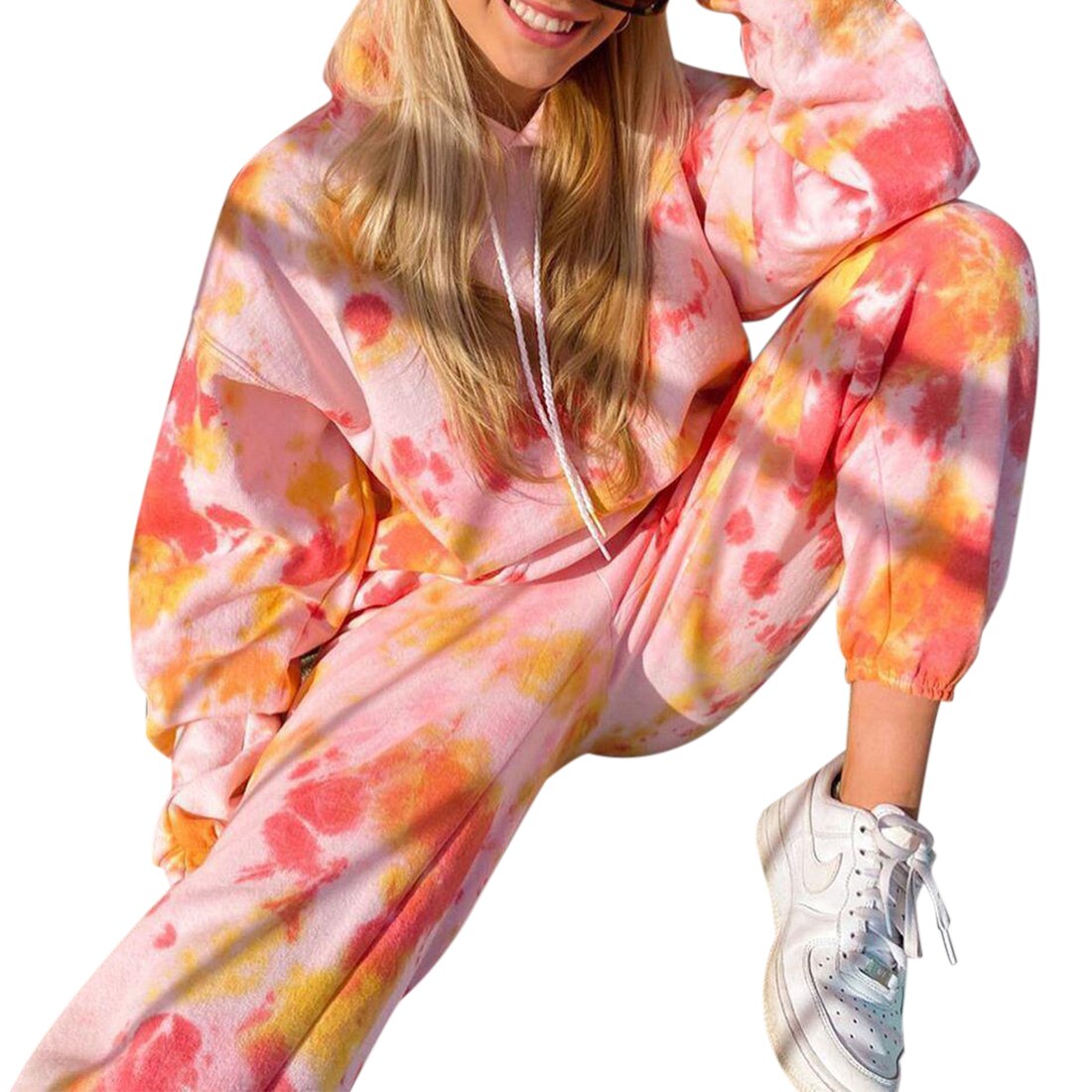 Vrouwen Print Trainingspak Tweedelige Set Hooded Lange Mouwen Tops Losse Elastische Taille Lange Broek Vrouwelijke Running Past Sportwear: pink / S