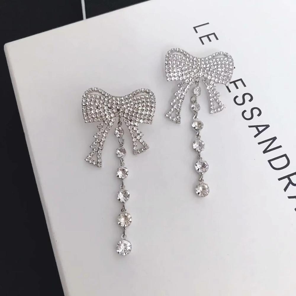 Di lusso Pieno di Strass Bowknot Orecchini Pendenti Con Gemme E Perle Gioielli Brillante Retro degli orecchini Dei Monili dell&#39;annata delle Donne