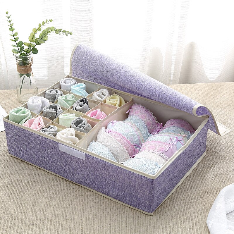 Cajón de almacenamiento de sujetador, organizador de armario, cajas plegables de algodón lavable, caja de acabado de lino portátil con cubierta, ropa interior y calcetines: Purple 17 grid