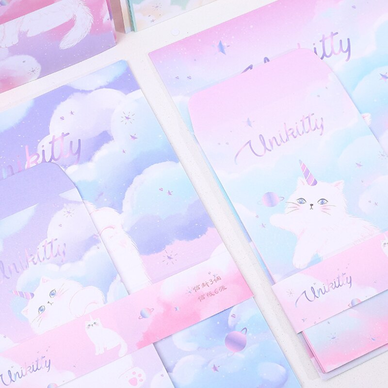 3 enveloppes + 6 lettres en papier, Kawaii, licorne chat, papeterie coréenne, fournitures scolaires et de bureau, enveloppe décorative de mariage