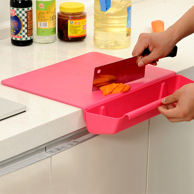 Tabla de cortar con caja de almacenamiento de verduras, tabla de cortar de plástico, Panel de frotar antideslizante para cocinas domésticas YHJ101802: Rosa