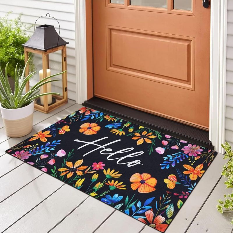 Alfombras florales de bienvenida para puerta, felpudos delanteros florales, alfombra antideslizante para entrada de la casa, sala de estar, cocina: Azul marino