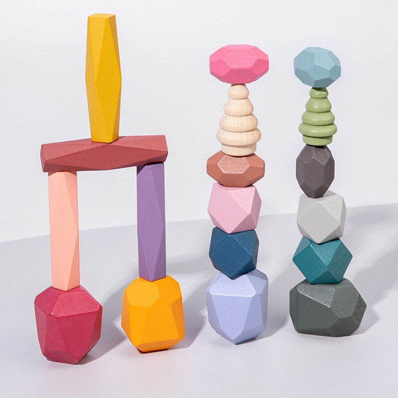 Wooden Stacking toy Montessori Toy Block Colored Stone Rocks Stones Tumi Ishi Wood Balancing Stacked Stones: 18pcs Tree