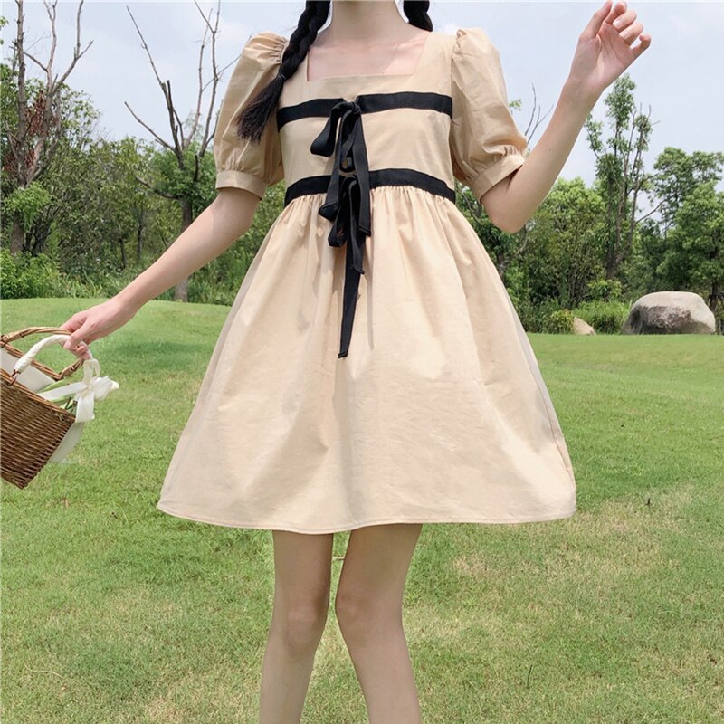 Vrouwen Zomer Japanse Stijl Vierkante Kraag Bladerdeeg Mouw Strikje Fee Jurk Thee Party Lolita Jurk Zoete lolita Pop: Default Title