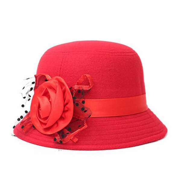 Zuivere koepelvormige wollen dames fedora dames lente winter hoeden voor vrouwen fedora's bloemen effen wol dame gorras brede rand meisjes fedora's: Rood