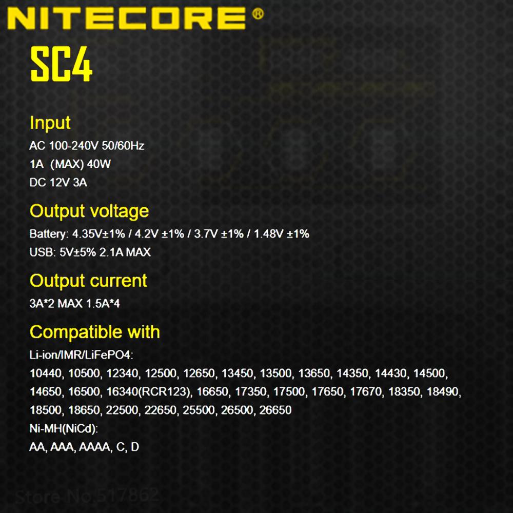 NITECORE SC4 Intelligent De Charge Plus Rapide Superbe Chargeur avec 4 Slots 6A Production Totale Compatible IMR 18650 14450 16340 AA Batterie