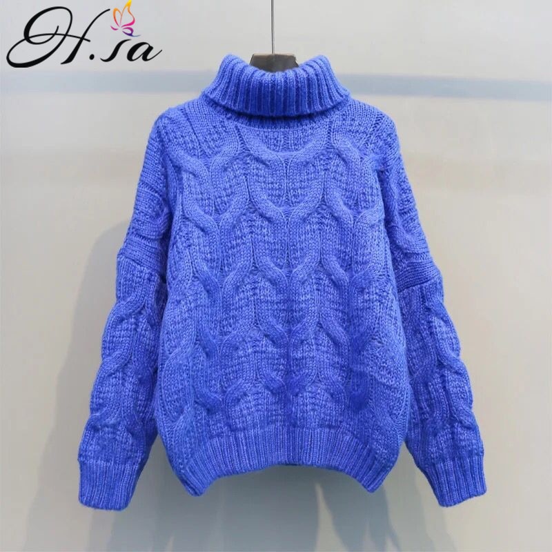 H.SA Women Winter Warm Christmas Sweaters Korean Twist Knitwear Pullovers Long Sleeve Thick Jumpers Loose Outerwear Tops: HF7259 Blue