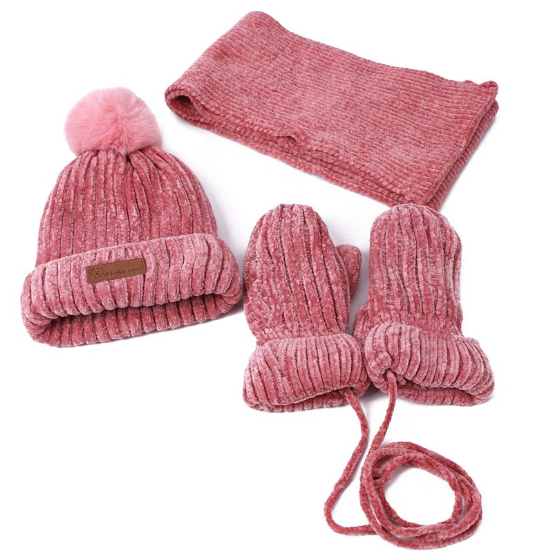 Tredelt hatte tørklæde handsker sæt børn hat vinter varm vante pompon strikket hat med foring efterår ensfarvet beanies sæt: Lyserød