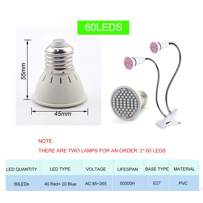 2Pcs Volledige Spectrum Led Lamp E27 Phytolamp Voor Plant 180 Graden Clip Kweeklampen Rood Blauw Lamp 1500LM Voor greenhouse Indoor Plant