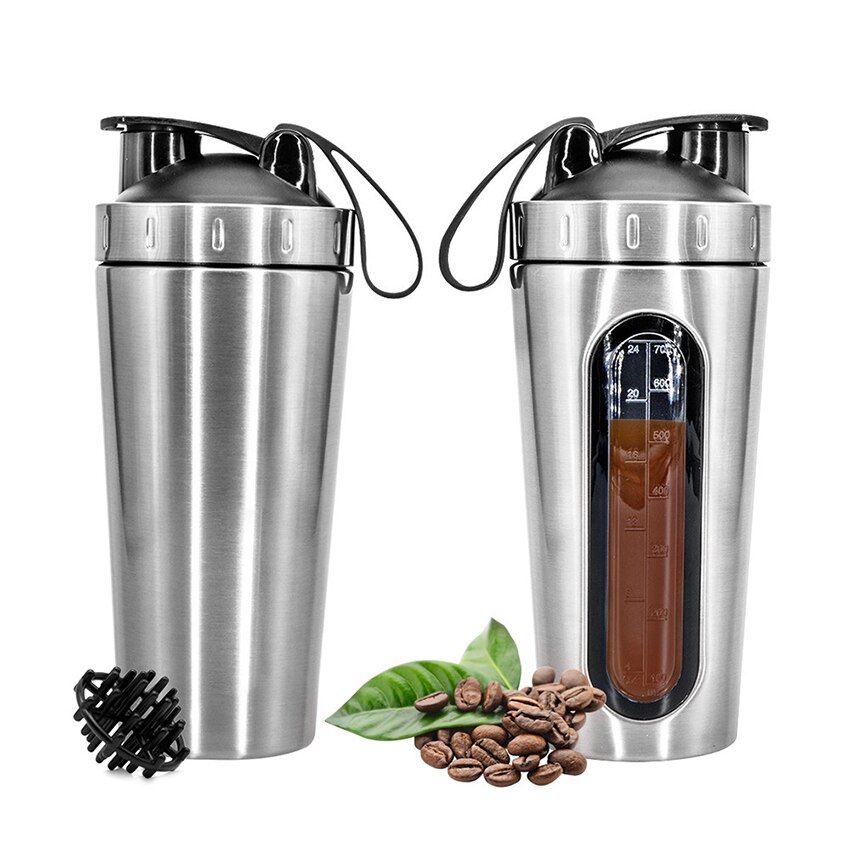 1Pc 700Ml Rvs Sport Water Mokken Shaker Flessen Met Schaal, outdoor Gym Fitness Schudden Cup Eiwitpoeder Mixer Fles: Zilver