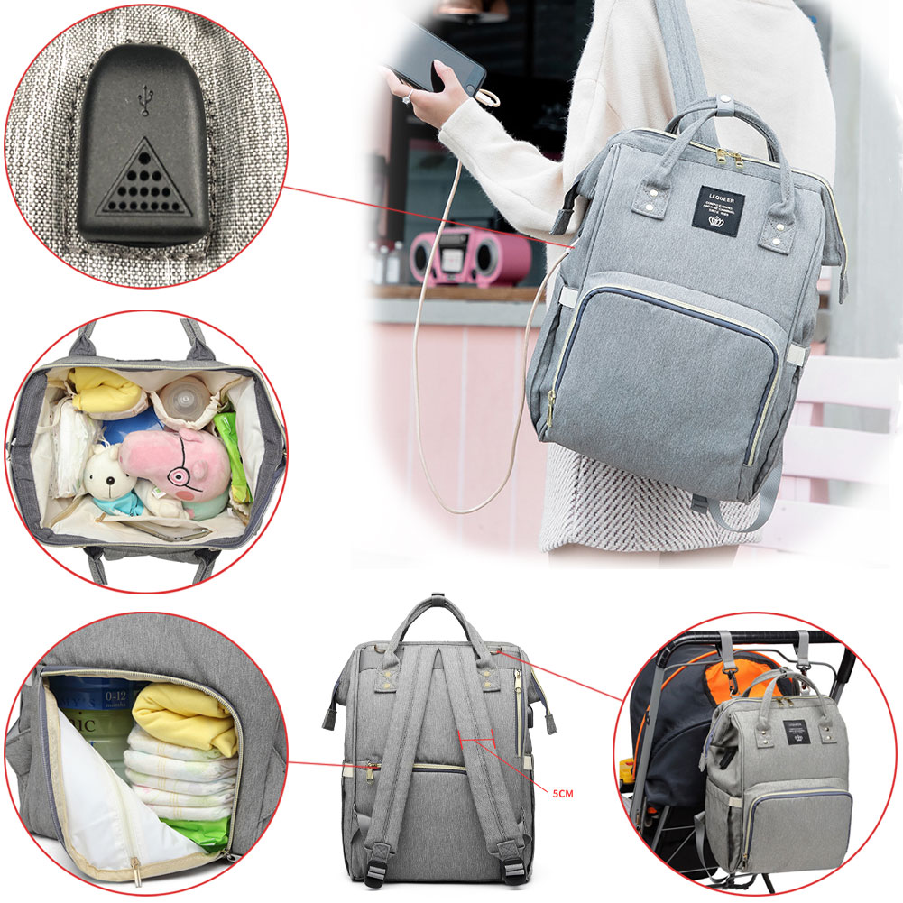 LEQUEEN Windel Taschen USB Mumie Mutterschaft Windel Tasche Große Baby Tasche Wasserdichte Reise Rucksäcke Pflege Taschen für Baby Pflege