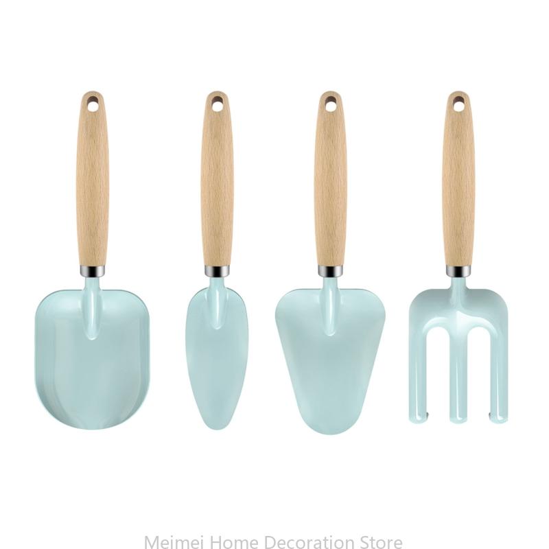 H7bf-delt havesæt til børn, 4 dele metalhaveredskaber til børn med træskaft: Blå