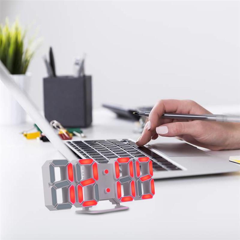 3D LED Digital Clock Wall Desk Alarm Clock USB Charging Clock for Home Office (White, Red Numbers)
