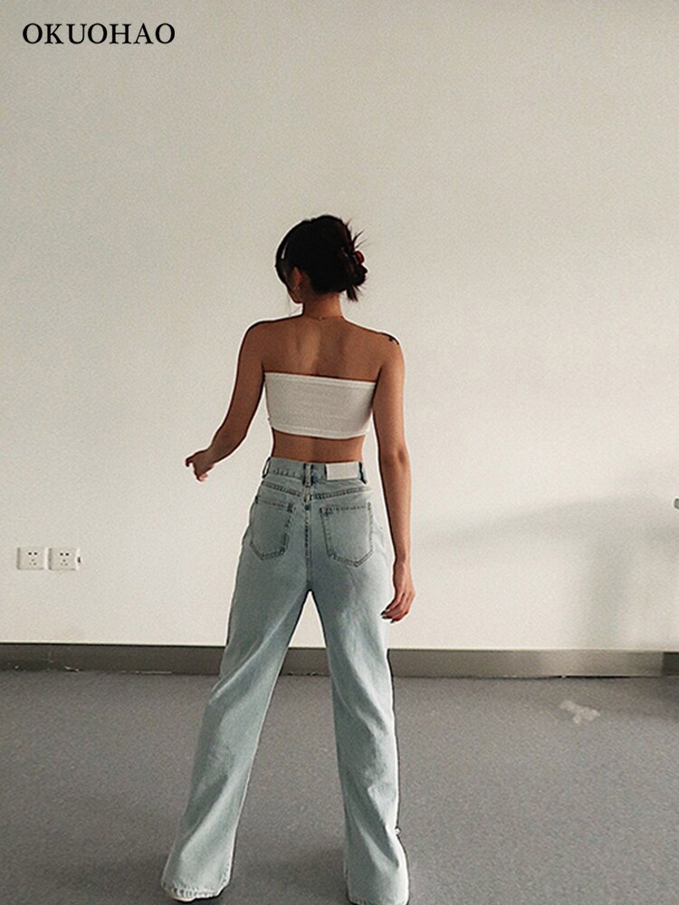 Okuohao hoge taille jeans rechte pijpen broek vrouwen wijde pijpen jeans losse mode boyfriend jeans items voor vrouwen