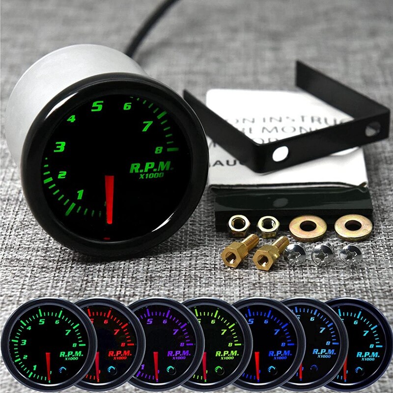 2Inch 52mm Tachometer Gauge 7 Colors Tacometro Meter 0-8000 RPM LED Tacho Gauge Meter for 12V Universal Car Auto