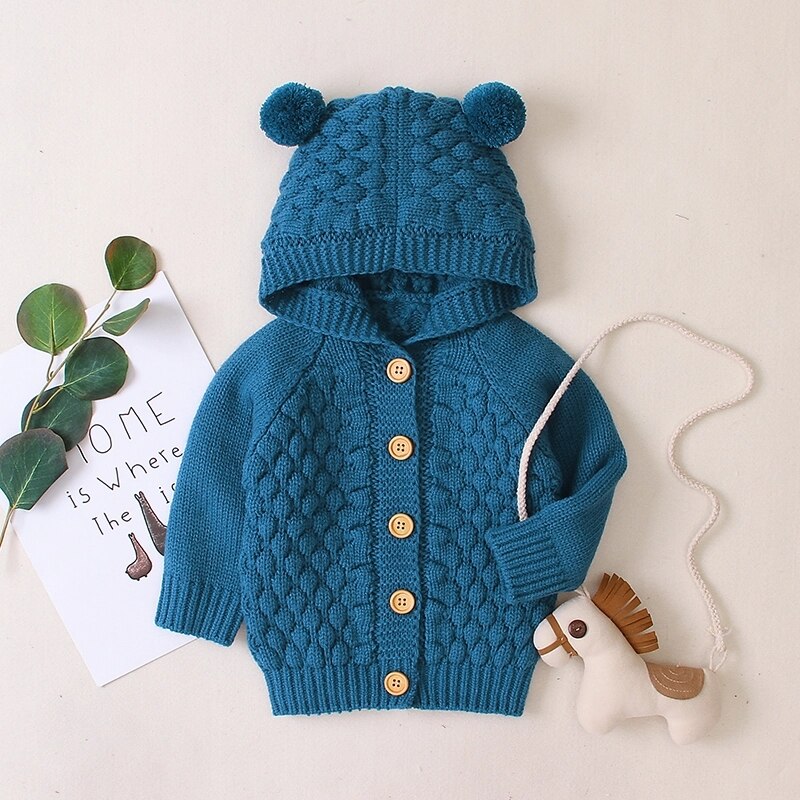 Patpat Lente En Herfst Baby Jongen Meisje Schattige Pompon Herten Effen Gebreide Jas Peuter Jassen Kleding: Blauw / 18-24 Months