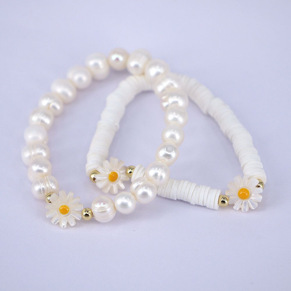 Daisy Bloem Zoetwater Parel Kralen Armband Vrouwelijke Witte Polymeer Klei Kralen Armband Vintage Sieraden