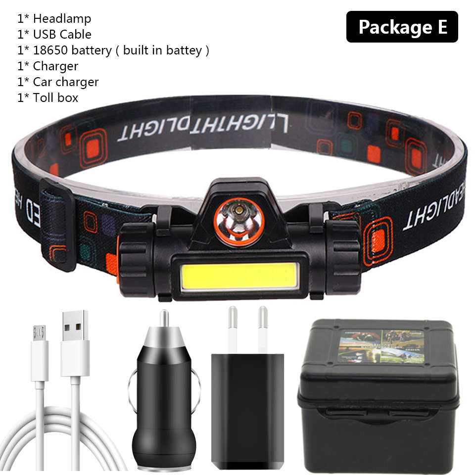 XP-G Q5 built-in 18650 battery 2 light mode with magnet Waterproof headlight head lamp flashlight LED head lamp COB work light: Package E