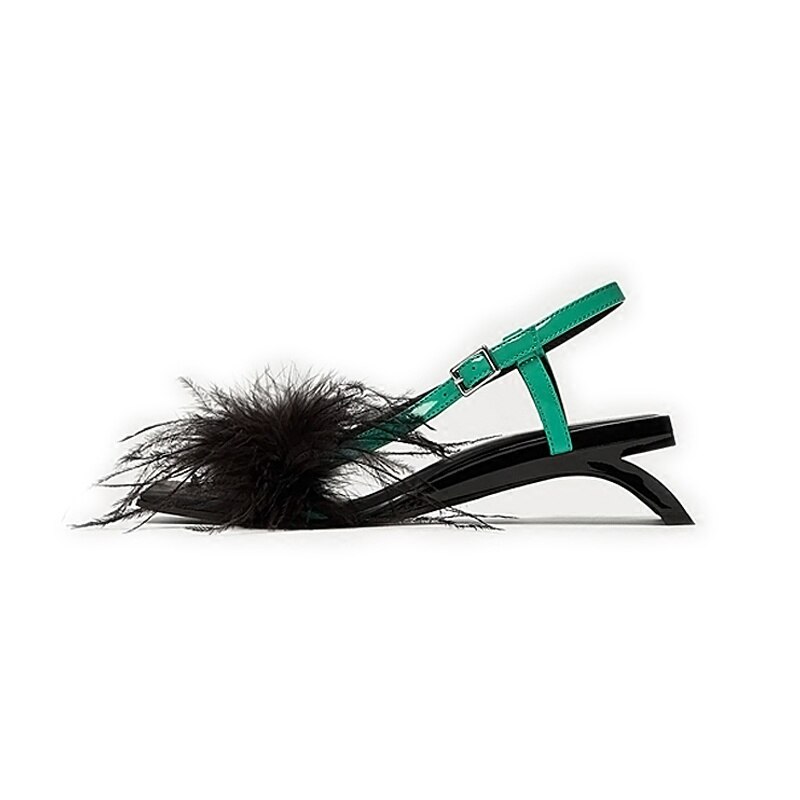 Kvinder pels fjer lodne uregelmæssige mærkelige hælspænde sandaler smarte moderne sko slingback peep toe  c330