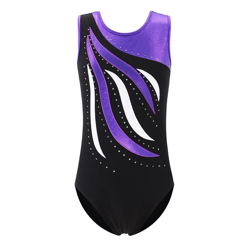 Baohulu tonåringar tjejer ärmlös balett dans trikå barn gymnastik jumpsuit glittrig diamant dans kostym för barn 3-14 år: B179 svartlila / 14a