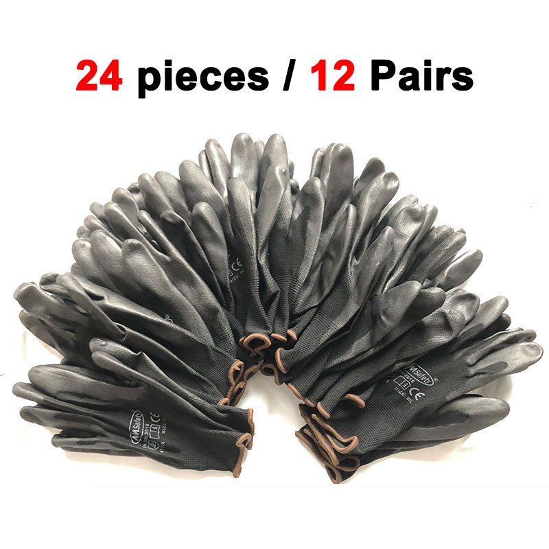 24 piezas/12 pares de guantes de trabajo protectores de seguridad antiestáticos electrónicos de palma de nitrilo de PU sumergido con forro de punto de nailon negro para hombre